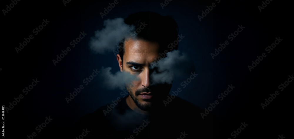 A Man's Head Overflowing with Clouds of Thoughts, concept image A Man's Head Overflowing with Clouds of Thoughts, concept image