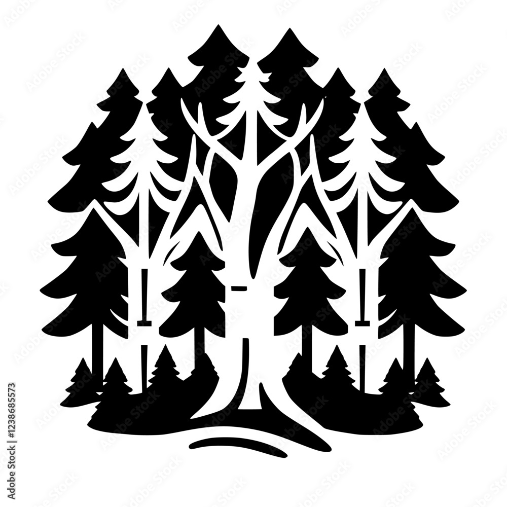 Obraz premium Majestic Forest: Black and White Minimalist Tree Illustration. Perfect for nature lovers and design projects. Simple, elegant, and evocative of woodland serenity.