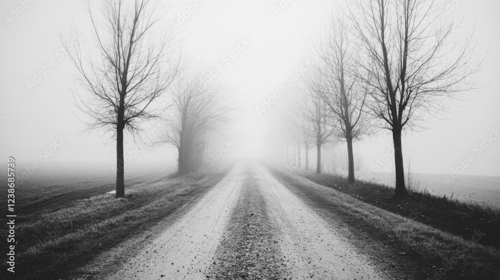 Foggy country road disappearing into mist; rural landscape Foggy country road disappearing into mist; rural landscape