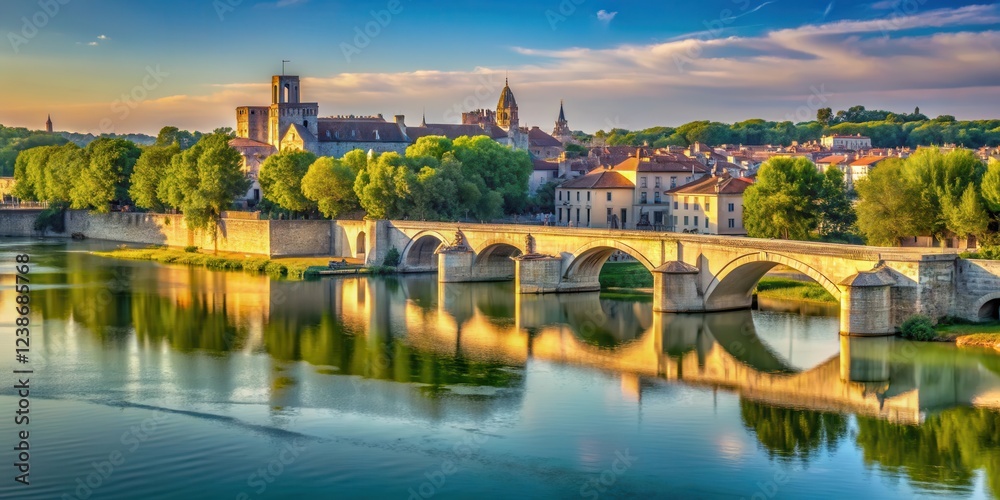 Fototapeta premium Ancient stone quays and ornate bridges along the Rh?ne River in Arles, surrounded by lush greenery and warm Mediterranean light