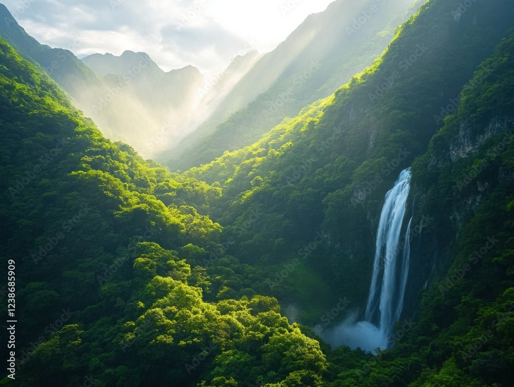 Obraz premium Serene waterfall amidst lush green mountains and sunlit valleys