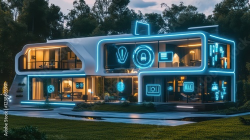 Futuristic eco home with smart windows that automatically adjust, solar-powered features, and glowing icons for lighting and security settings