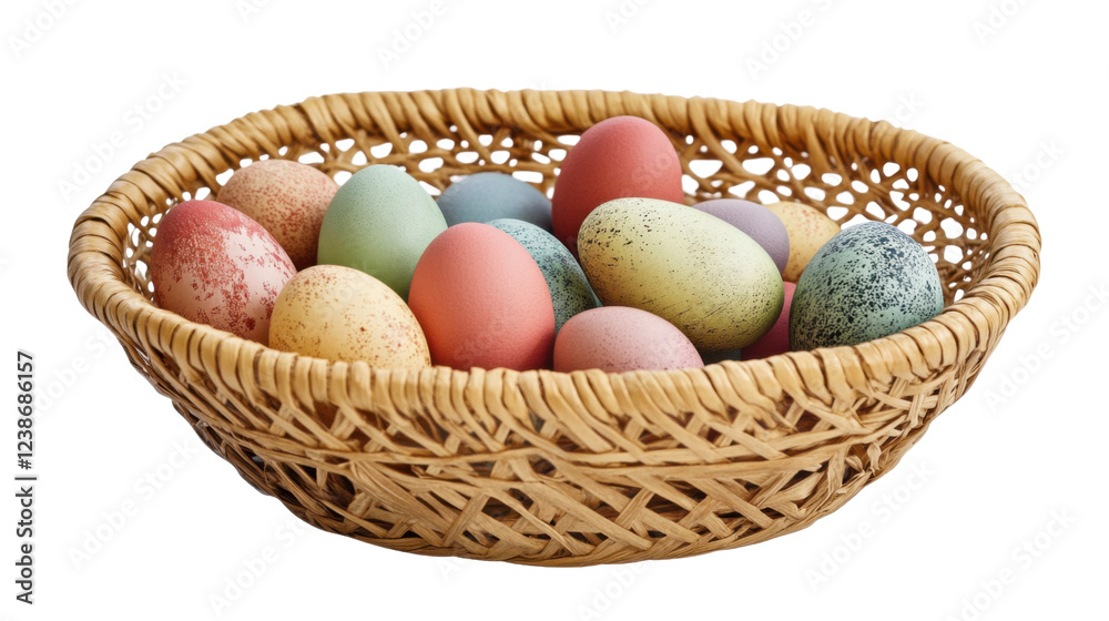 Wicker basket overflowing with colorful dyed easter eggs on transparent background Wicker basket overflowing with colorful dyed easter eggs on transparent background