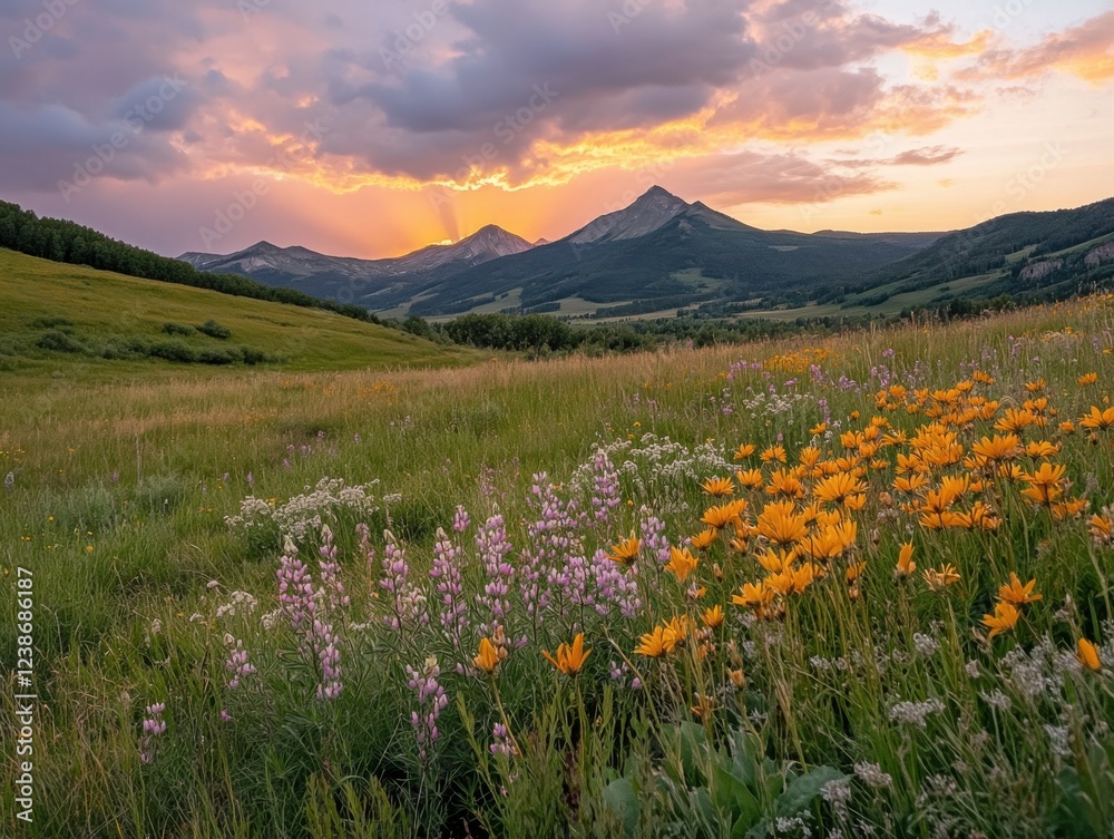 Fototapeta premium Vibrant mountain sunset with wildflowers in bloom