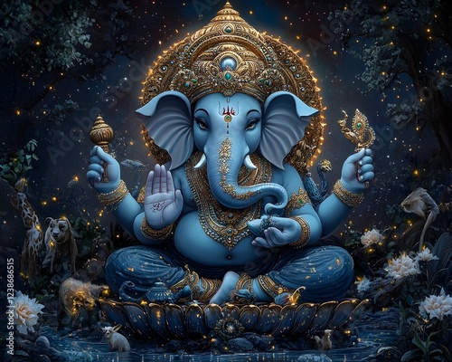 Blue Ganesha in Thailand showcasing ancient stone sculptures and golden carvings, representing Buddhist art and spiritual worship in Asia