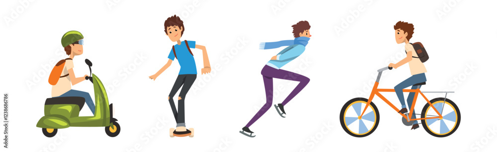 Man Ride and Drive Different Kind of Urban Transport Vector Set Man Ride and Drive Different Kind of Urban Transport Vector Set