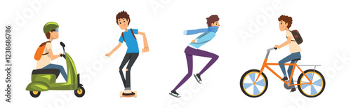 Man Ride and Drive Different Kind of Urban Transport Vector Set