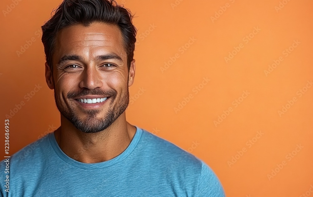 handsome man smiling with a mustache and a causal t-shirt handsome man smiling with a mustache and a causal t-shirt