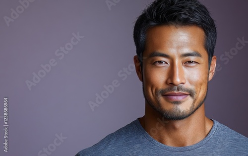 handsome man smiling with a mustache and a causal t-shirt