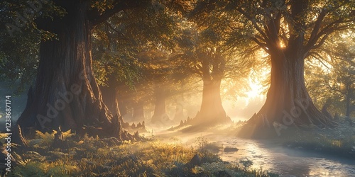 A serene forest scene featuring majestic trees with sunlit leaves and a gentle stream flowing through, creating a mystical and tranquil atmosphere in nature.