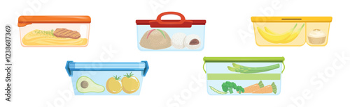 School Meal and Lunch in Plastic Container Vector Set