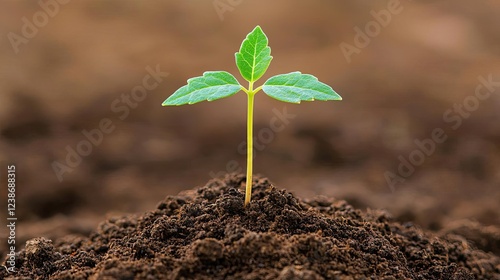 Global warming climate change concept. A young green seedling emerging from rich, dark soil, symbolizing growth and renewal.