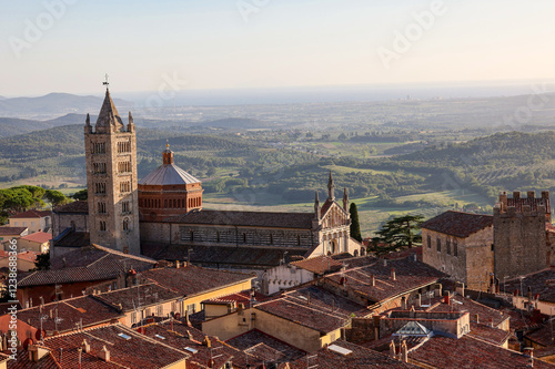 Massa Marittima old town and San Cerbone Duomo cathedral. Tuscany, Italy.
