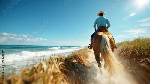 A cowboy rides a horse along a scenic ocean shoreline, capturing the essence of freedom and adventure in the vast landscape bathed in sunlight and natural beauty.