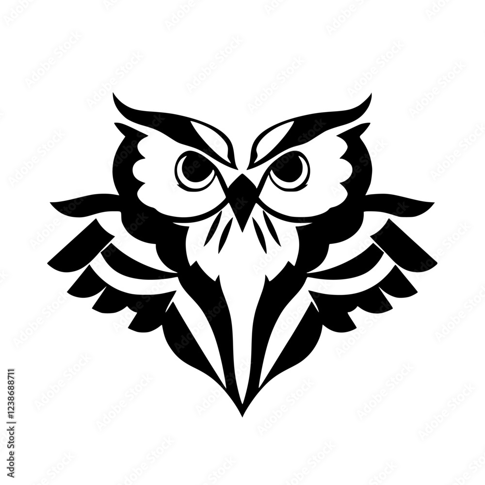 Obraz premium Majestic Owl: Black and White Bird Graphic Design. A striking vector illustration of an owl, perfect for logos, prints, and more.