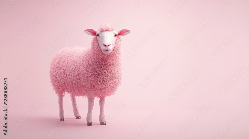 Surreal representation of a charming sheep with fluffy pink fur standing against a soft pastel backdrop, embodying whimsical beauty and unique artistry Surreal representation of a charming sheep with fluffy pink fur standing against a soft pastel backdrop, embodying whimsical beauty and unique artistry