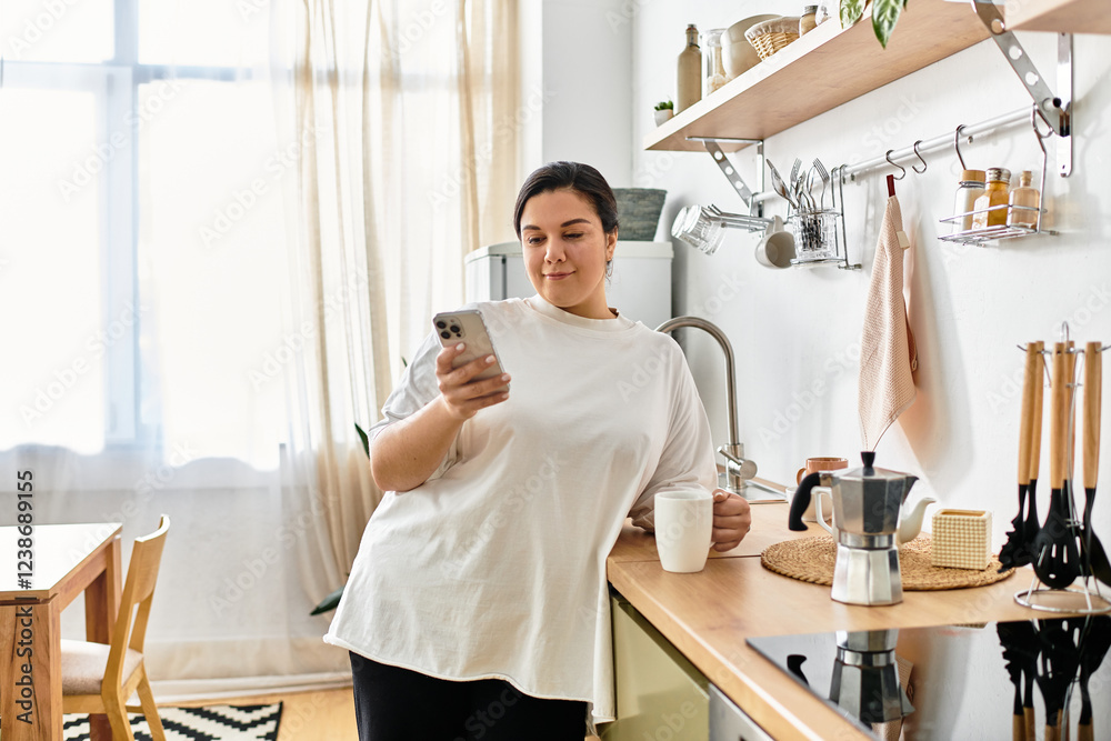 Obraz premium A young plus sized woman relaxes in a well lit kitchen, sipping coffee while browsing her smartphone