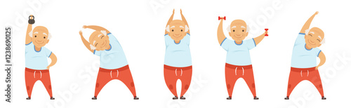 Active Senior Man Do Physical and Sport Exercise Vector Set