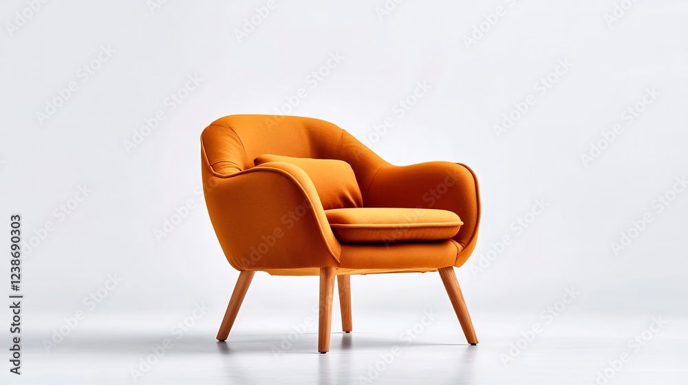Modern orange armchair with wooden legs in minimalist interior, bright white background Modern orange armchair with wooden legs in minimalist interior, bright white background