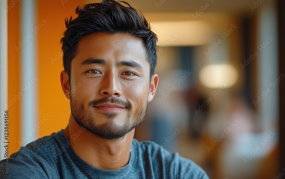 handsome man smiling with a mustache and a causal t-shirt handsome man smiling with a mustache and a causal t-shirt