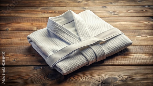 A neatly folded white martial arts uniform rests on a rustic wooden surface photo