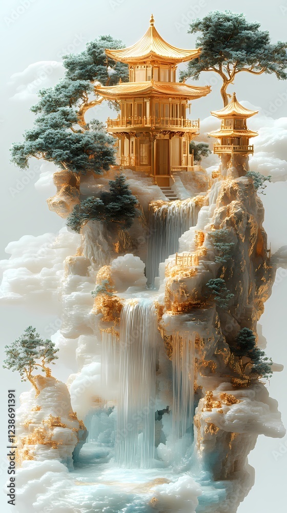 Fototapeta premium traditional suspended mountain building landscape poster background