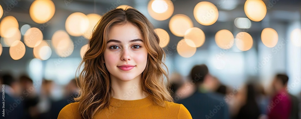 Fototapeta premium Networking event concept. A young woman smiling with a warm expression in a modern, softly lit environment.