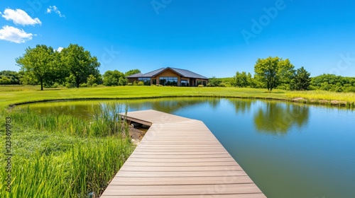 Serene Pond with Wooden Dock and Modern House Under Clear Sky photo