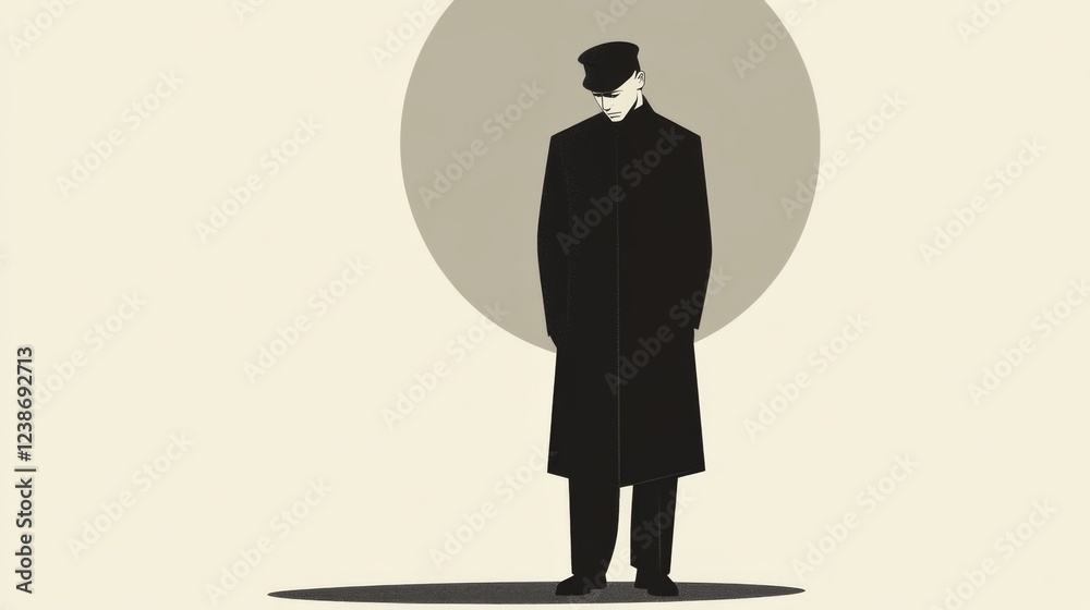 Man in long coat, cap, somber pose, beige background; illustration Man in long coat, cap, somber pose, beige background; illustration