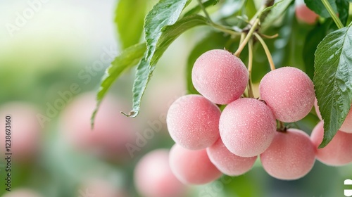 Fototapeta Naklejka Na Ścianę i Meble -  Pink fruits on branch, orchard background, ripe harvest