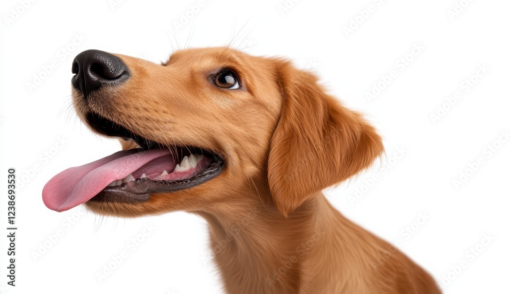 Happy Golden Retriever with Tongue Out Against White Background Happy Golden Retriever with Tongue Out Against White Background