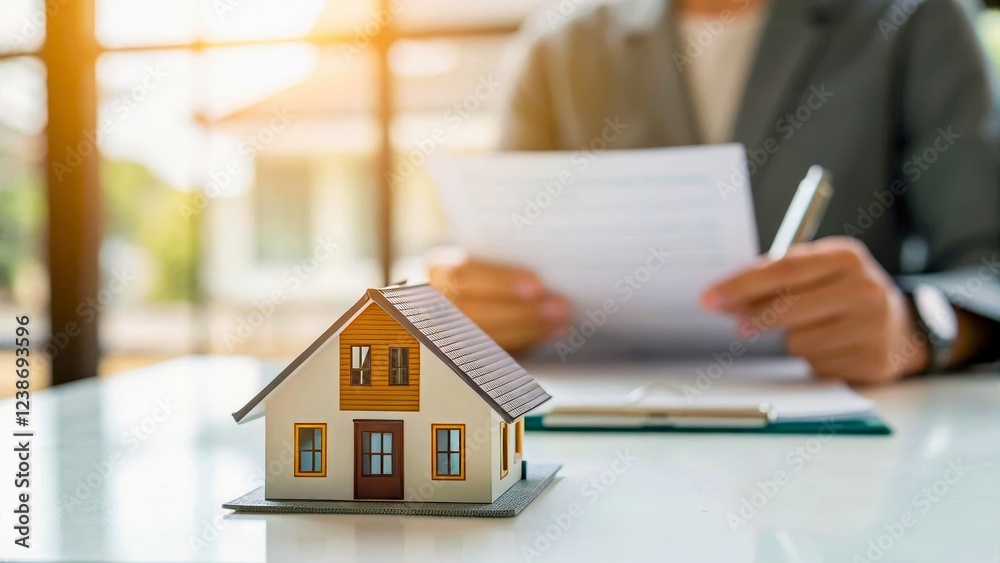 Model house on desk with person reviewing documents in bright office setting Model house on desk with person reviewing documents in bright office setting