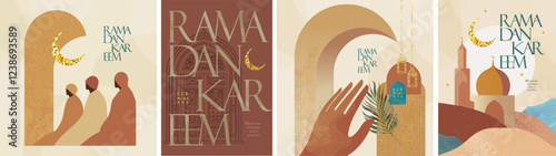 Ramadan kareem. Eid mubarak. Vector modern monochrome abstract minimalistic illustration of mosque, crescent moon, people, hand, arch, city, street, logo for greeting card, background or poster