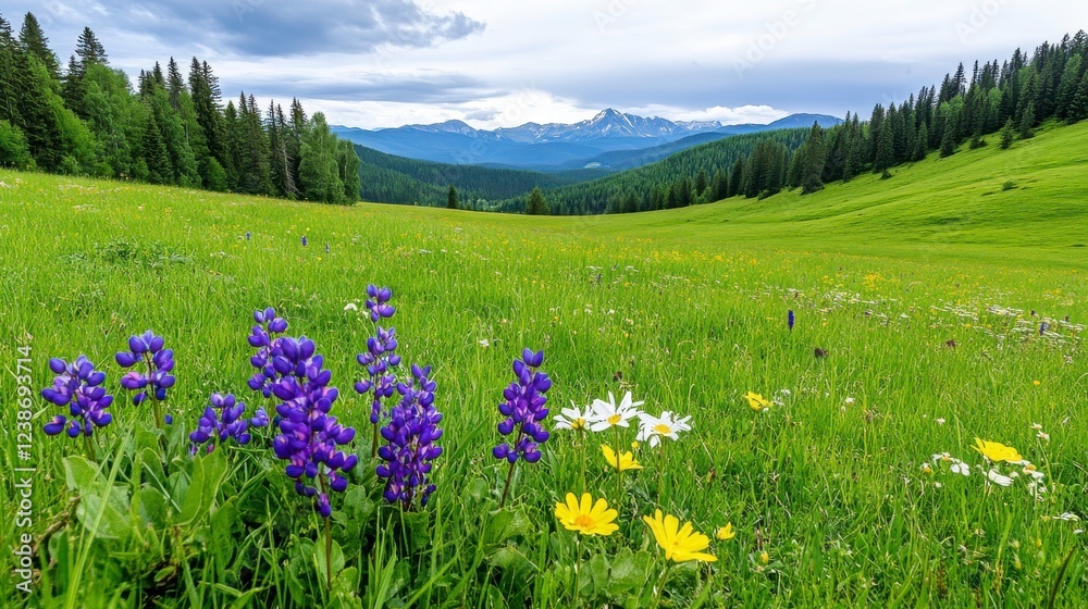 Fototapeta premium Beautiful Wildflower Meadow with Mountains in the Background