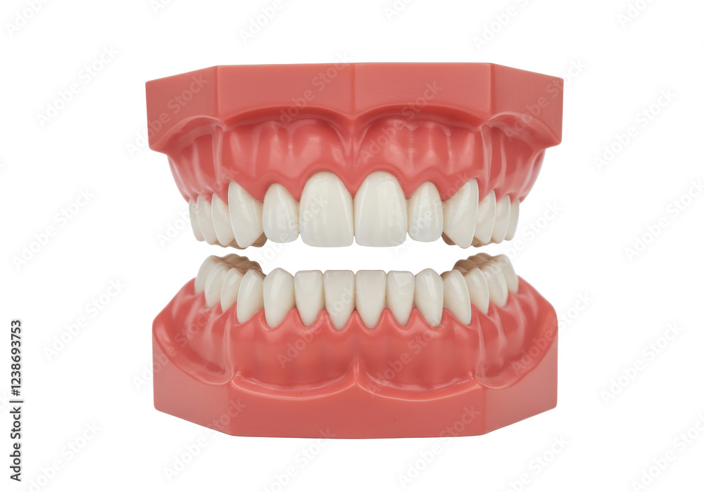 Obraz premium Artificial dental model showing upper and lower teeth in pink gums isolated on white background