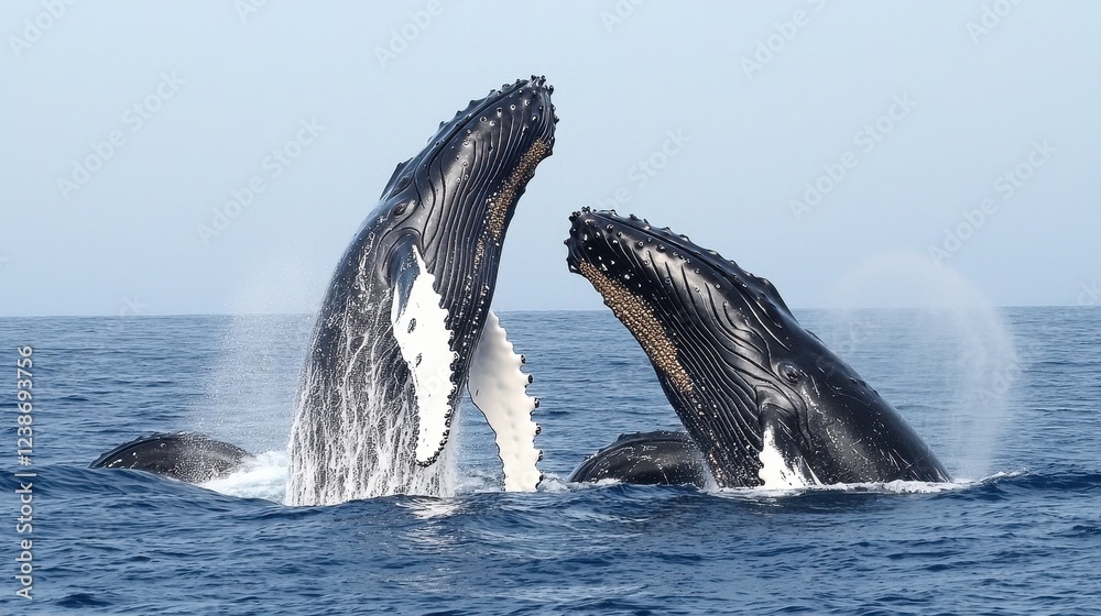 Fototapeta premium Majestic Humpback Whales Breaching in Crystal Clear Ocean Waters
