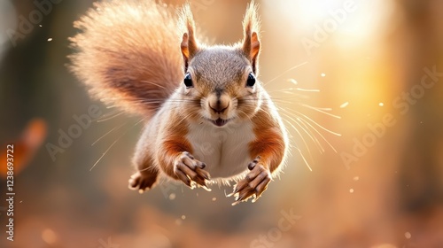 An energetic squirrel leaping through the air against a blurred forest backdrop, capturing the essence of agility and spontaneity in the heart of autumn.
