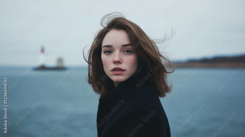 A stunningly detailed hyper-realistic portrait features a woman gracefully positioned by the water's edge, with a majestic lighthouse looming in the background against a moody, overcast sky A stunningly detailed hyper-realistic portrait features a woman gracefully positioned by the water's edge, with a majestic lighthouse looming in the background against a moody, overcast sky