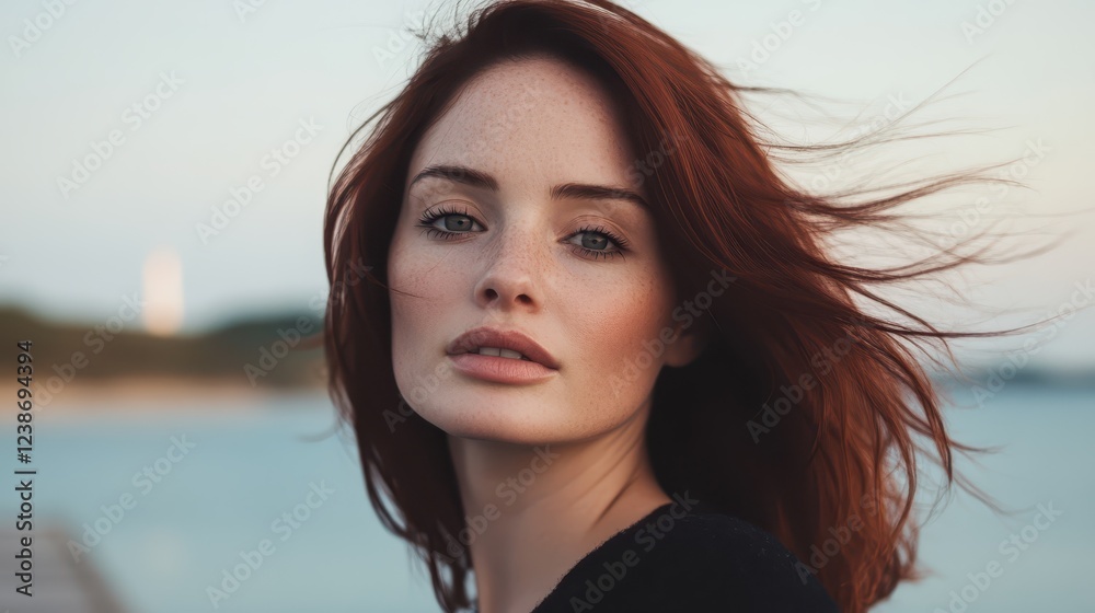 Beautiful hyper realistic portrait of a woman with flowing red hair against a serene background at sunset near a tranquil body of water showcasing natural beauty and grace Beautiful hyper realistic portrait of a woman with flowing red hair against a serene background at sunset near a tranquil body of water showcasing natural beauty and grace
