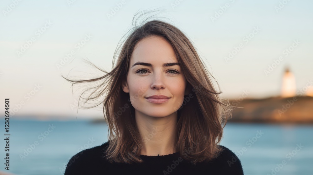Beautiful hyper realistic portrait of a woman with flowing hair near the ocean during golden hour, capturing serenity and confidence Beautiful hyper realistic portrait of a woman with flowing hair near the ocean during golden hour, capturing serenity and confidence