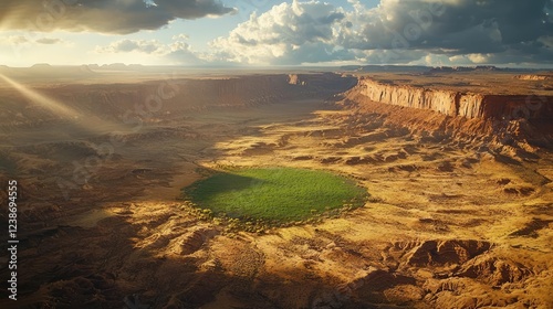 Global warming climate change concept. Breathtaking aerial view of a lush green oasis in a vast desert landscape.