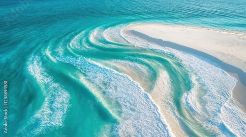 aerial view of turquoise waves meeting pristine white sand beach, swirling patterns of foam, dynamic water movement captured from above