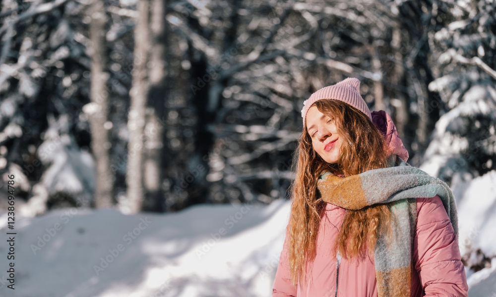 Woman with Eyes Closed in Snow Winter Forest
