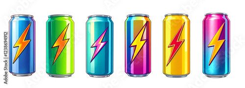 Set of energy drink cans isolated on transparent background 