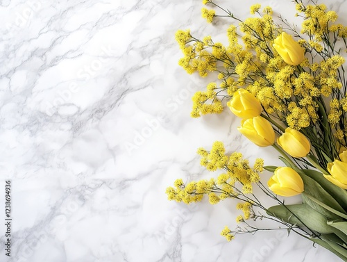Yellow Tulips and Mimosa Flowers Flat Lay on White Marble for Women’s Day or Spring Banner, Minimalistic Aesthetic, High Detail