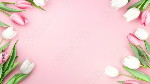  Tulip Bouquet with Hearts on Pink Background for Mother’s Day Card Design, Top View Close-Up, Minimalistic Style, High-Resolution