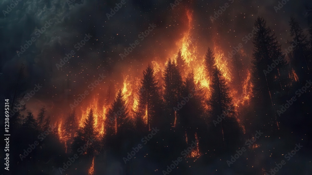 apocalyptic forest fire scene with towering flames illuminating dark smoke clouds, burning trees casting orange glow against night sky, embers floating through air apocalyptic forest fire scene with towering flames illuminating dark smoke clouds, burning trees casting orange glow against night sky, embers floating through air