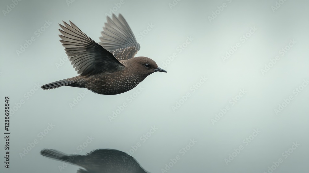 Obraz premium A small bird soars through the air above tranquil water, with its reflection visible on the surface during a peaceful morning. Soft light enhances the serene atmosphere
