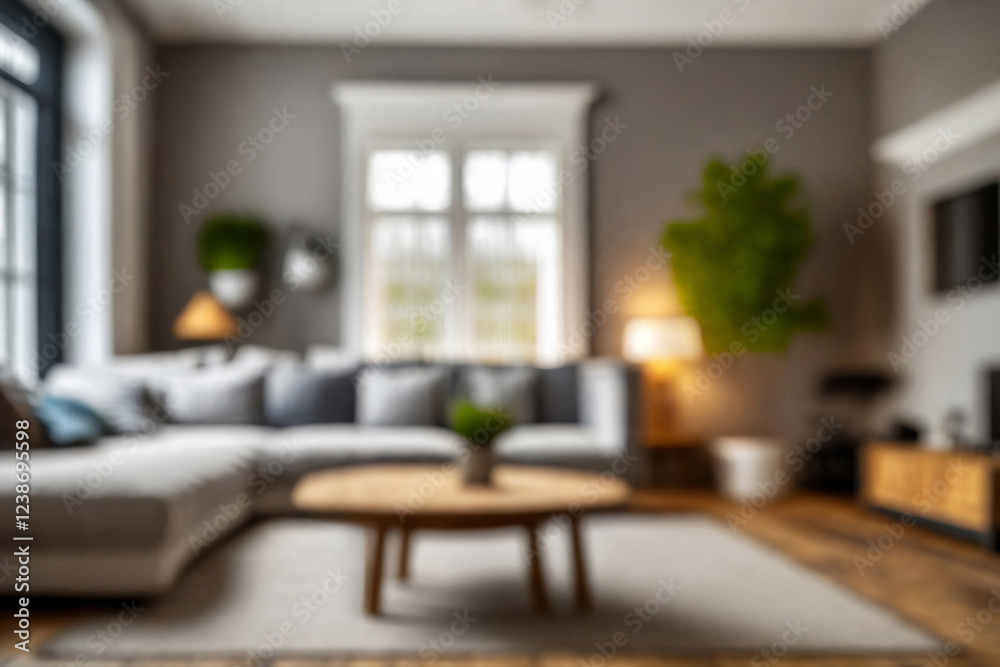 Fototapeta premium Blurred view of modern living room with sofa and soft bench. room interior with couch, armchair and coffee table or shelving units. stylish living room. comfortable workplace near big window.