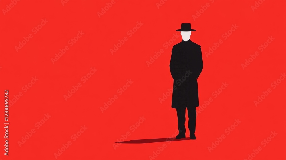 Mysterious man in coat, red background, minimalist illustration, website banner Mysterious man in coat, red background, minimalist illustration, website banner